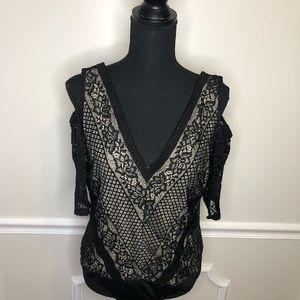 Bebe cold shoulder lace overlay bodysuit